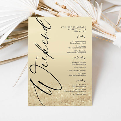 Weekend Itinerary Template – Editable Gold Birthday or Bachelorette Weekend Schedule | Printable Hen Party Itinerary | Text Message Digital Download
