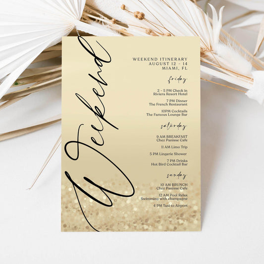 Weekend Itinerary Template – Editable Gold Birthday or Bachelorette Weekend Schedule | Printable Hen Party Itinerary | Text Message Digital Download