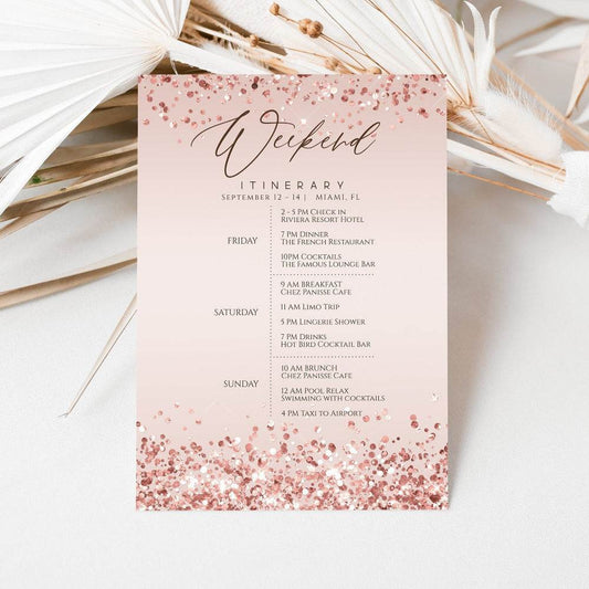 Printable Birthday Itinerary Template, Editable Rose Gold Bachelorette Party Itinerary, Birthday Weekend Schedule, Text Message Digital Evite, Instant Download