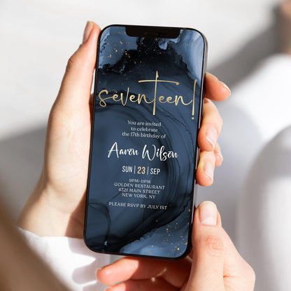 Digital Blue Navy Gold 17th Seventeen Birthday Invitation Template, Electronic Modern Party Invite, Editable Boy Invite, Text Message Evite