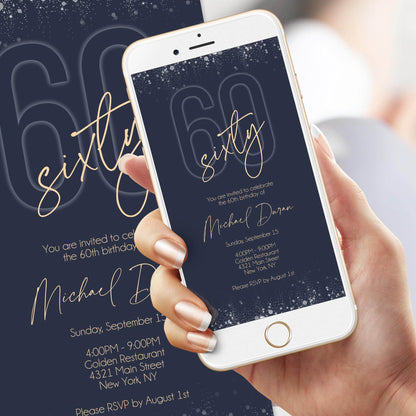 Navy Blue 60th Birthday Invitation, Electronic Navy Gold Digital Phone Invite, Text Message Evite, Editable Men's Mobile Invitation Template, Instant Download