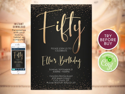 Black and Gold 50th Birthday Invitation – Printable & Instant Download