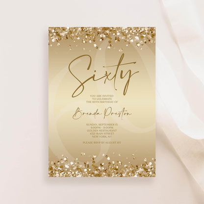 Gold Sixty 60th Invitation Template Printable, Editable Gold Confetti 60th Birthday Invite, Email Text Message, Ladies Surprise Party Card