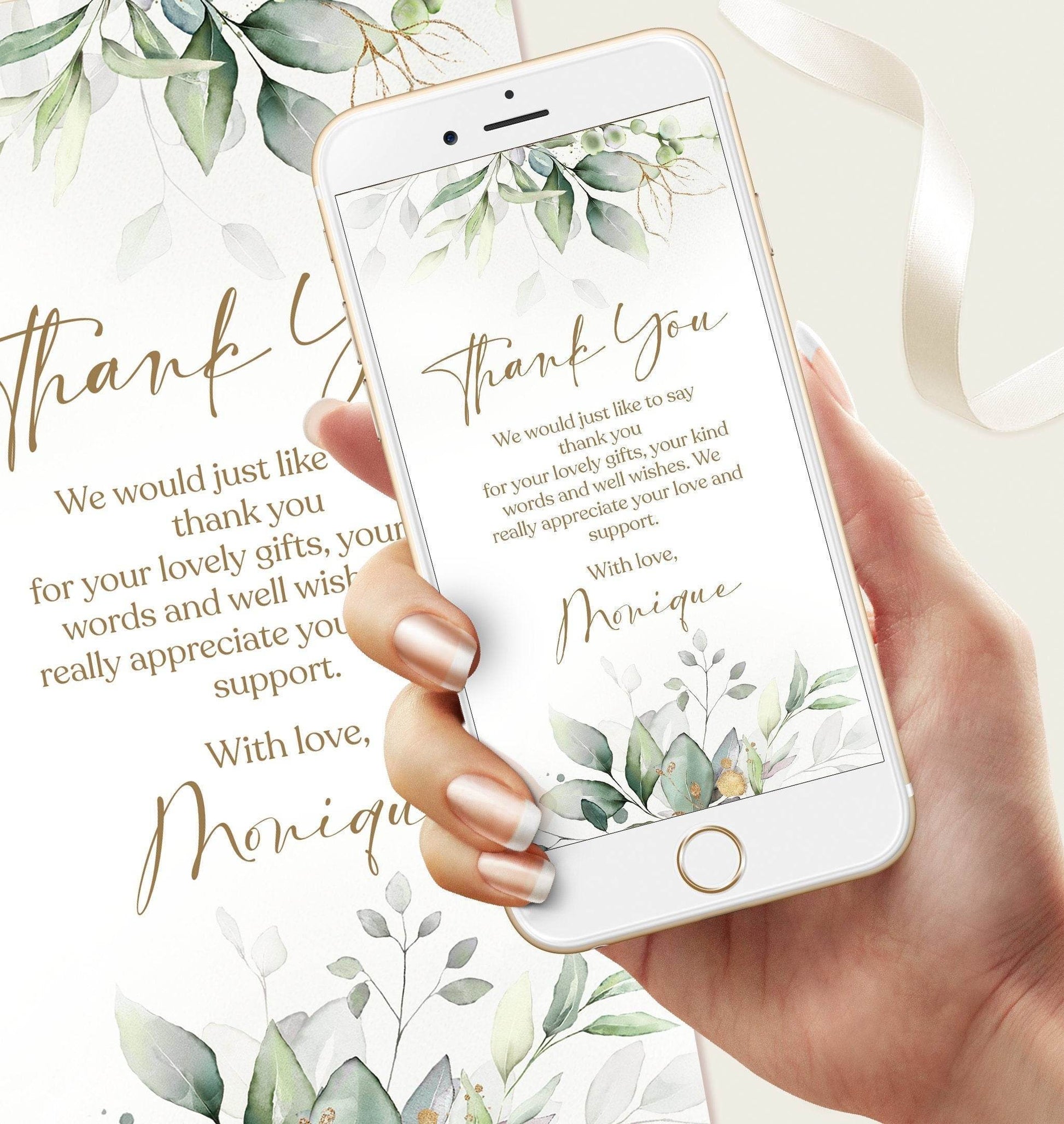 Greenery Digital Thank You Card Template, Editable Baby Thank You eCard, Instant Download Paperless Text Message Evite, Phone Thank You Note