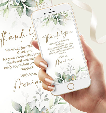 Greenery Digital Thank You Card Template, Editable Baby Thank You eCard, Instant Download Paperless Text Message Evite, Phone Thank You Note