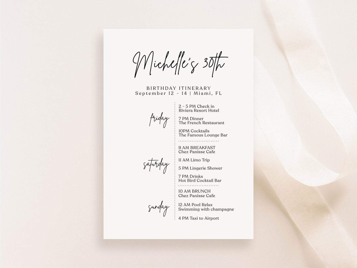 Birthday Itinerary Template | Simple Minimalist Editable Weekend Schedule | Printable Birthday Event Details | Instant Download