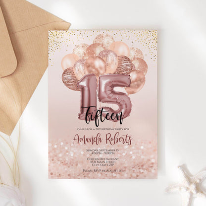 15th Birthday Invitation Template for Girl | Editable Rose Gold Balloons Invite | Digital 15th Party Card | Text Message or Email | Instant Download