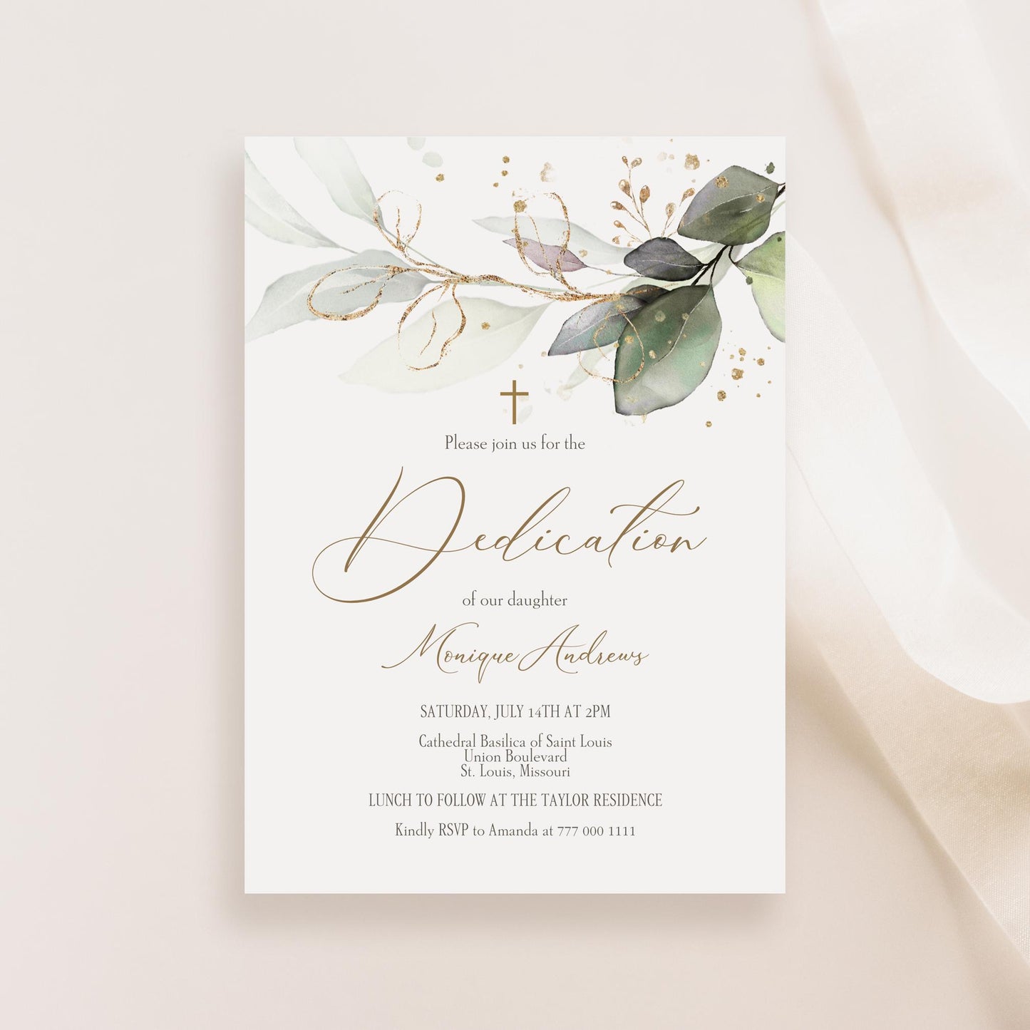 Editable Dedication Invitation Card Template, Printable Greenery Dedication Invite, Boy Girl Baptism Invitation, Digital Template Download