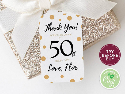50th Birthday Favor Tags – Printable Personalized Gold Confetti Thank You Tags | 40th 50th 60th Birthday Party Favor Tags | Instant Download