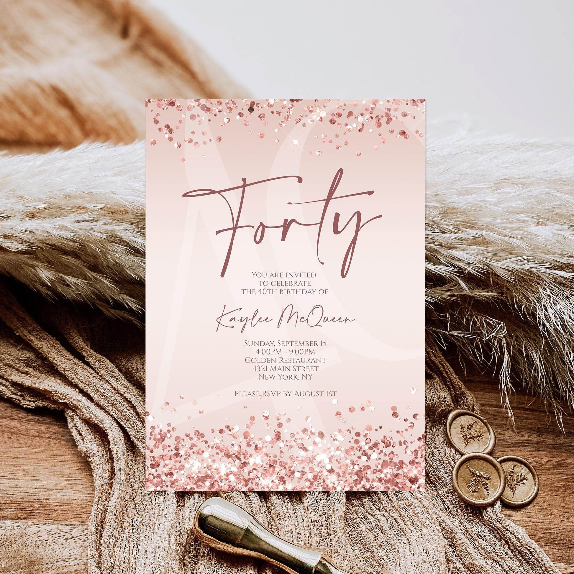 Rose Gold 40th Birthday Invitation Template, Editable Any Age Birthday Evite, Printable Pink Invite for Women, Text Message Download