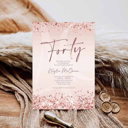 Rose Gold 40th Birthday Invitation Template, Editable Any Age Birthday Evite, Printable Pink Invite for Women, Text Message Download