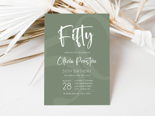 Sage Green 50th Birthday Invitation Template, Minimalist Editable Fifty Invite, Printable Modern Green Party Card, Text Message Evite