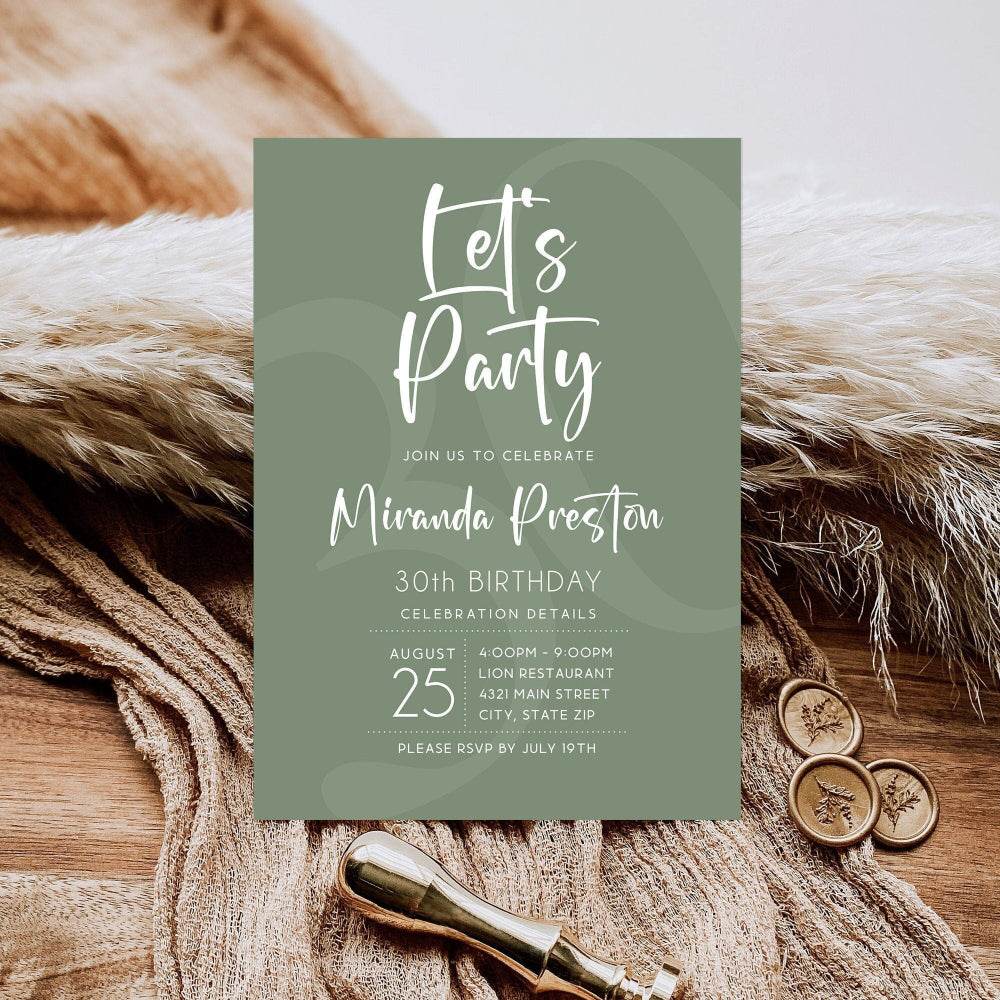 Simple Sage Green Let’s Party Birthday Invitation Template Printable Any Age Birthday Card | Editable Text Message & Email Invite | Instant Download