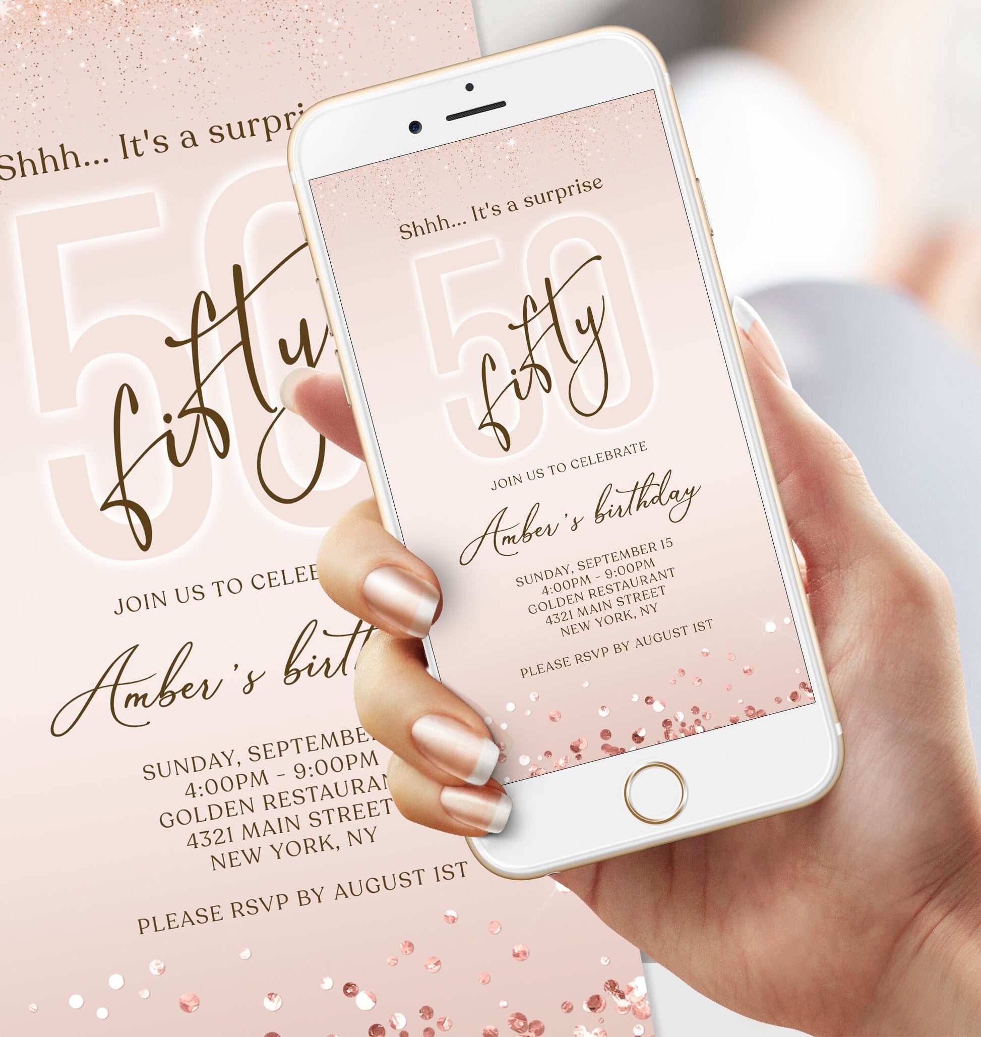 Digital Shhh it's a surprise 50th fifty text invitation template, Rose Gold Electronic Editable invite, Text Message Evite, Instant Download
