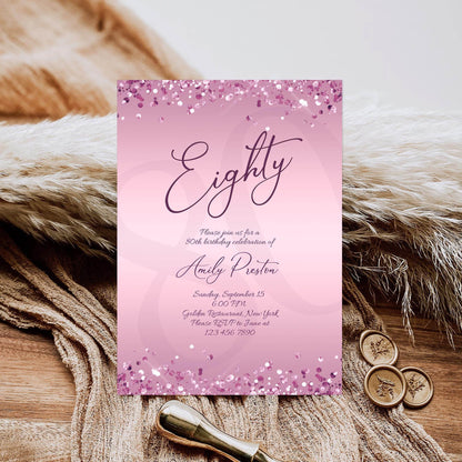 Editable 80th Birthday Invitation Template, Printable Purple Lavender Party Invite, Luxury Email Text Message Birthday Card, Instant Download