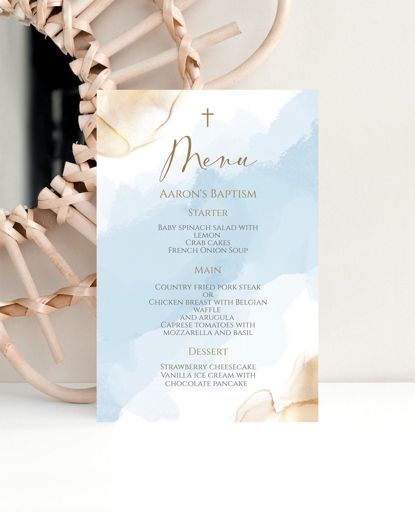 Boy Baptism Menu Card Template | Blue Gold Watercolor Christening Menu | Editable Canva File | Printable Baptism Menu