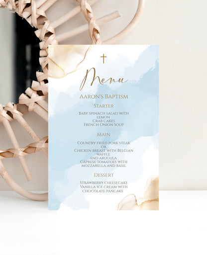 Boy Baptism Menu Card Template | Blue Gold Watercolor Christening Menu | Editable Canva File | Printable Baptism Menu