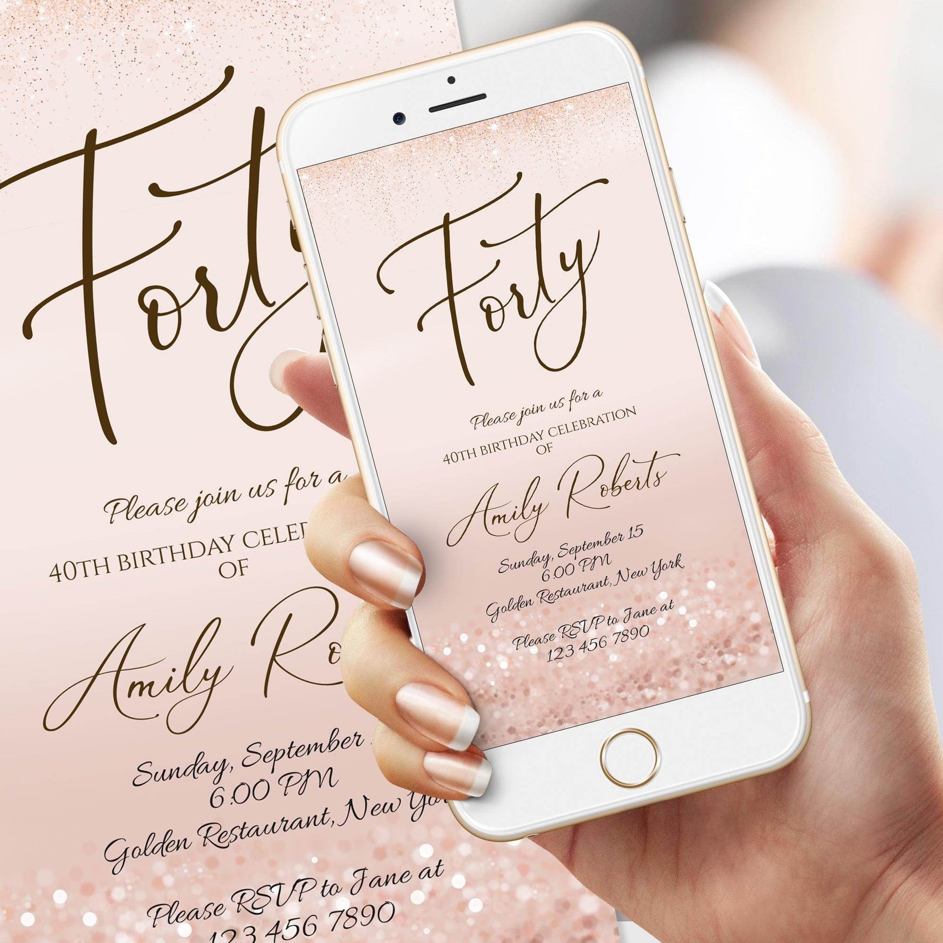 Electronic Forty 40th Birthday Evite Text Invitation Template, Rose Gold Editable Digital Invite, Mobile Birthday Party Invitation Download