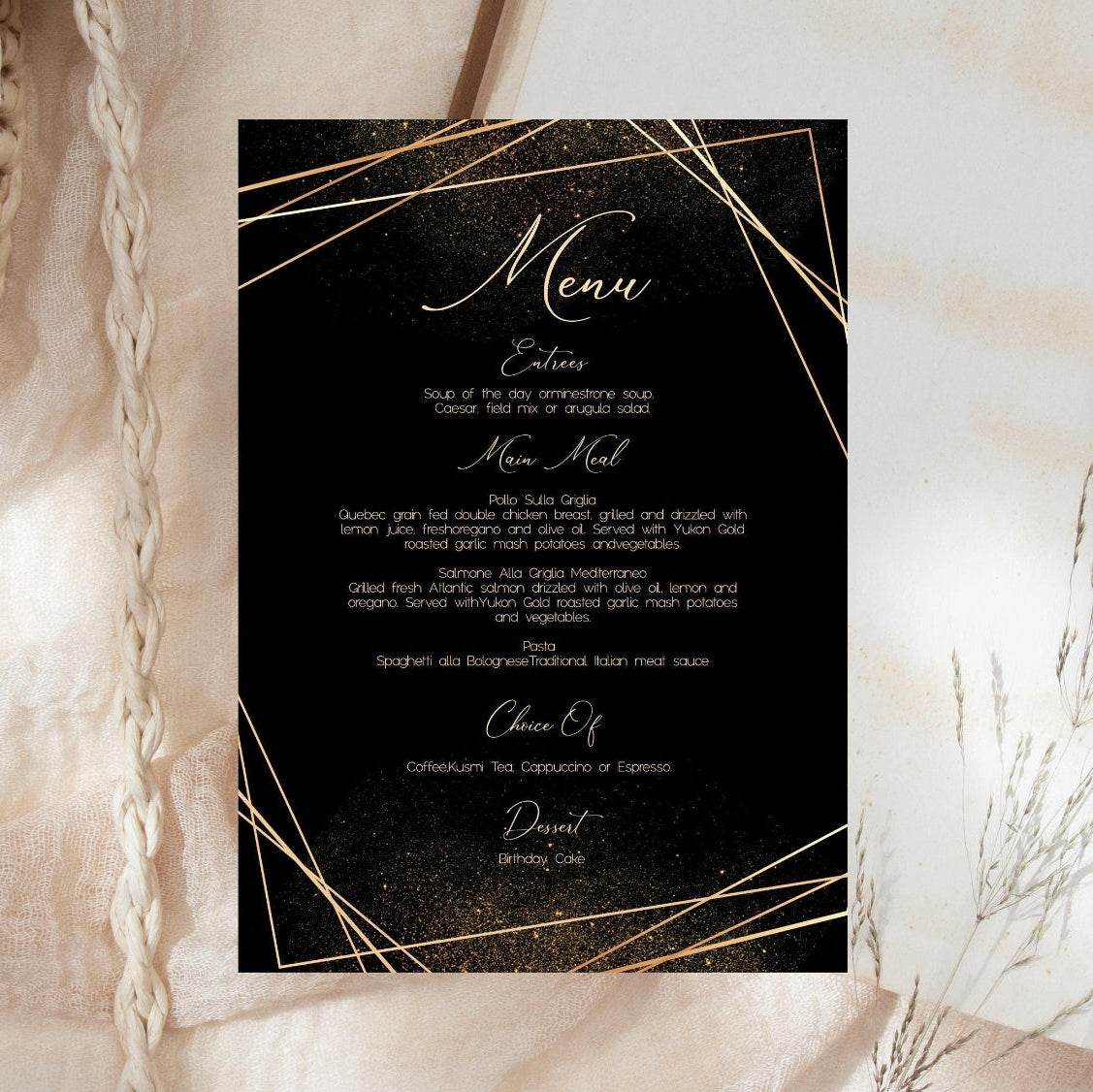 Printable Black Gold Menu Template, Editable Gold Frame Birthday or Wedding Dinner Menu, Modern Black Menu Card, Instant Download Digital Template