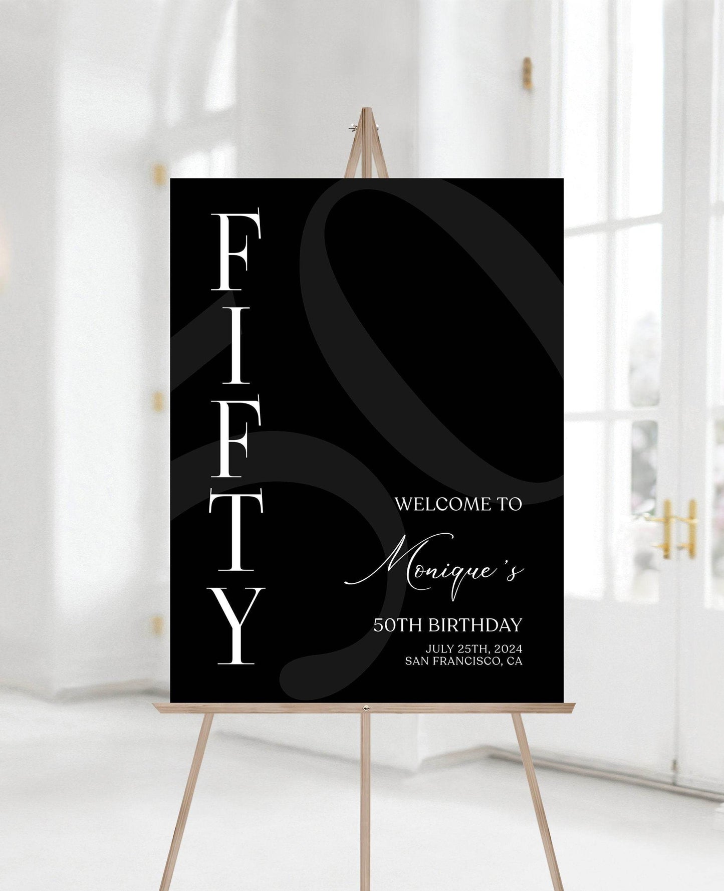 Simple Black 50th Fifty Birthday Welcome Sign Template, Printable Minimalist Birthday Poster, Editable Welcome Sign, Instant Download