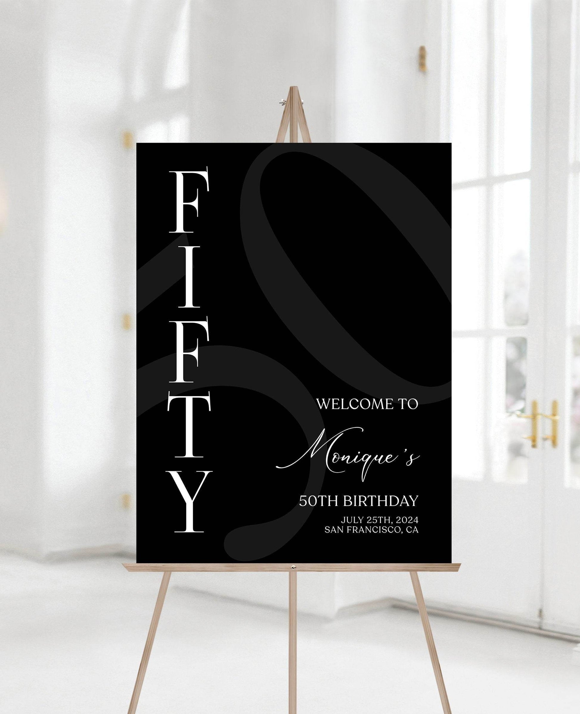 Simple Black 50th Fifty Birthday Welcome Sign Template, Printable Minimalist Birthday Poster, Editable Welcome Sign, Instant Download