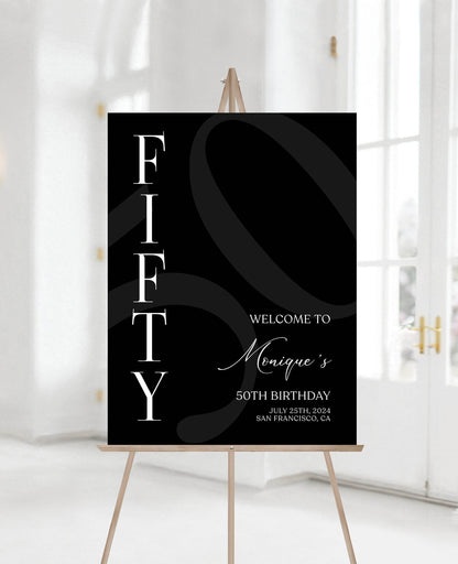 Simple Black 50th Fifty Birthday Welcome Sign Template, Printable Minimalist Birthday Poster, Editable Welcome Sign, Instant Download
