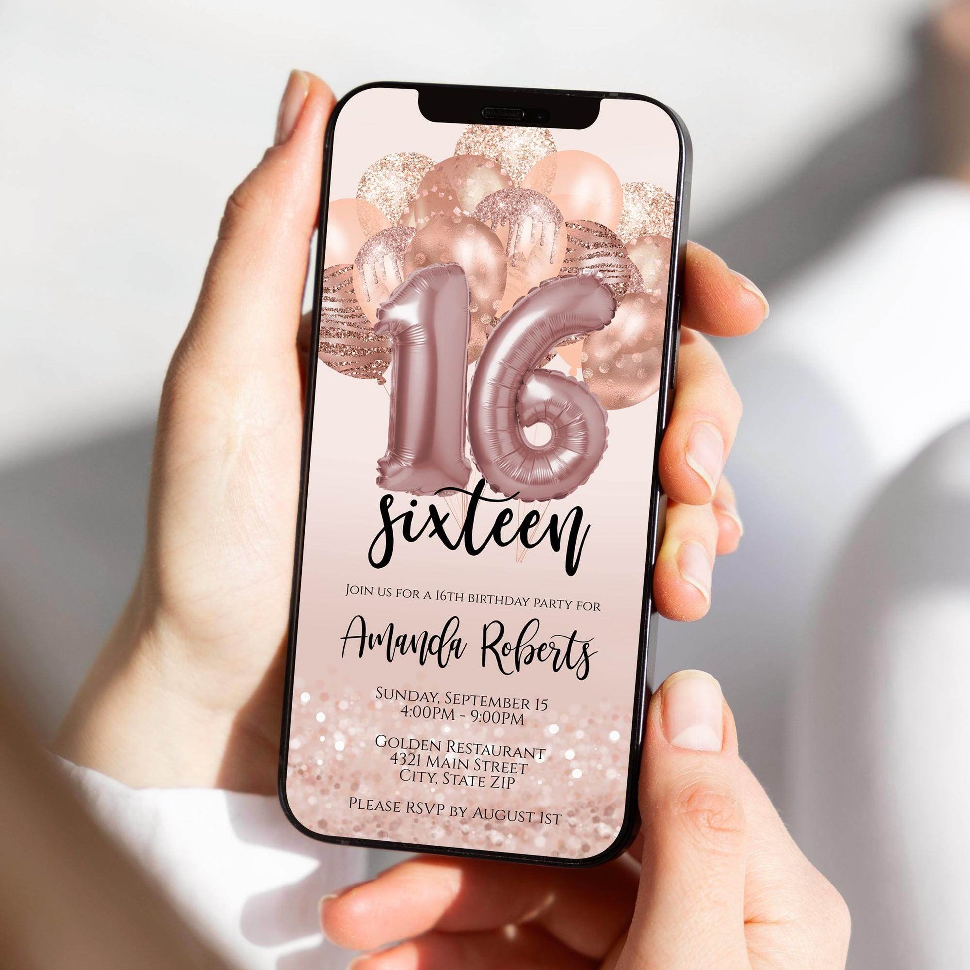 Sweet 16 Digital Birthday Invitation for Girl – Rose Gold Balloons Evite – Editable Pink 16th Birthday Template – Text Message Phone Invite