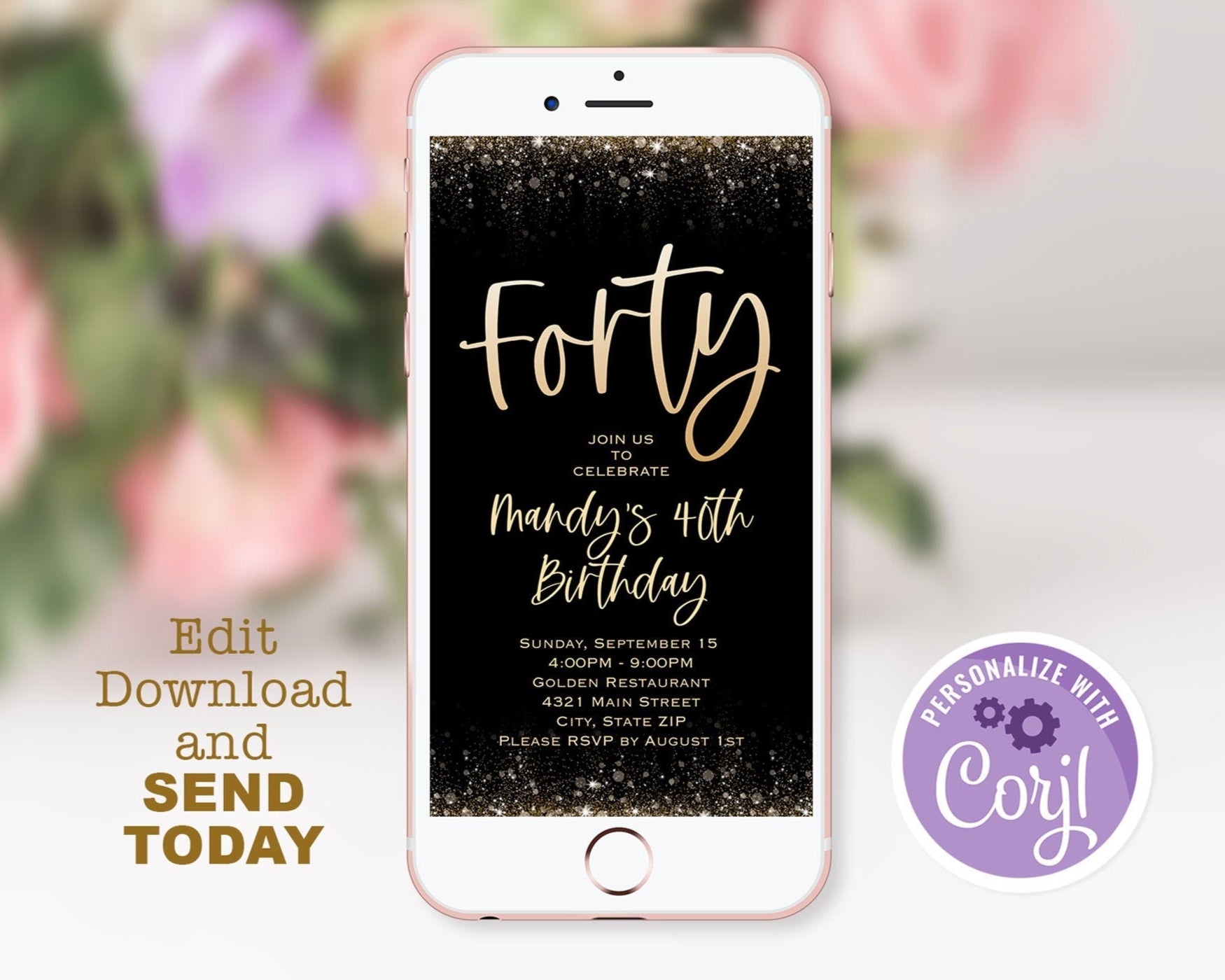 Electronic 40th birthday text invitation template, Forty editable birthday text invite, digital invitation, phone invitation, Digital Evite