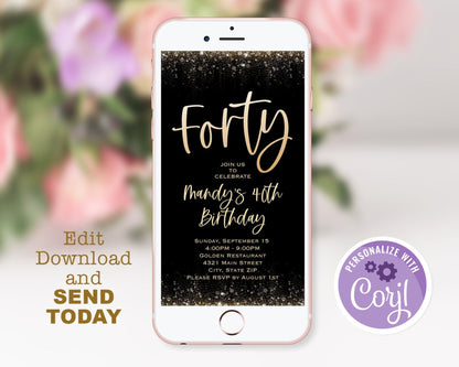 Electronic 40th birthday text invitation template, Forty editable birthday text invite, digital invitation, phone invitation, Digital Evite