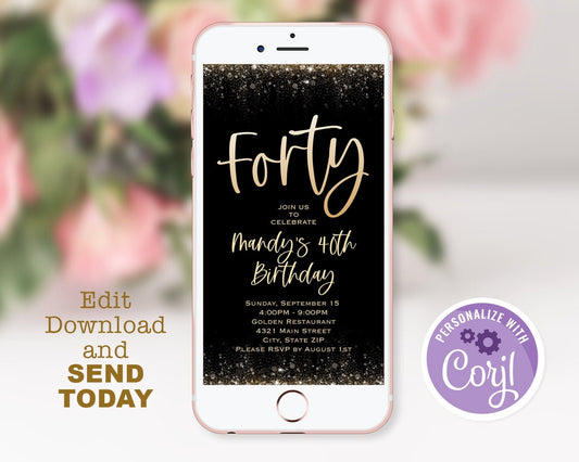 Electronic 40th birthday text invitation template, Forty editable birthday text invite, digital invitation, phone invitation, Digital Evite
