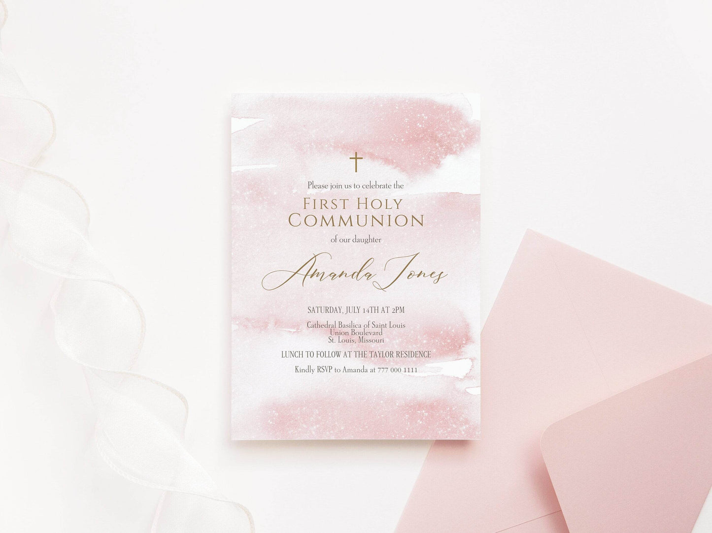 Pink Watercolor First Communion Invitation Template, Printable Girl First Holy Communion Invite, Editable Invitation Template, Text Message