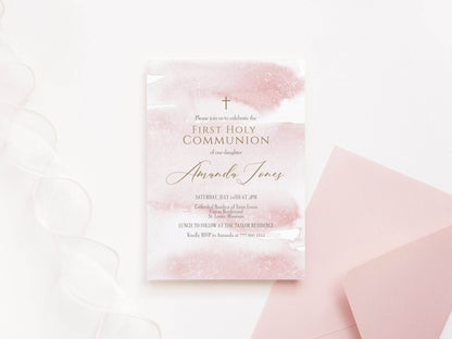 Pink Watercolor First Communion Invitation Template, Printable Girl First Holy Communion Invite, Editable Invitation Template, Text Message