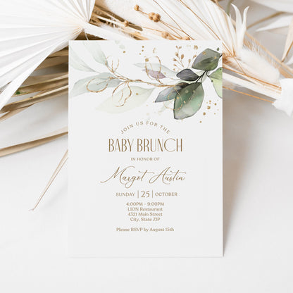 Editable Baby Shower Brunch Invitation Card Template, Greenery Baby Brunch Invite, Printable Baby Brunch Evite, Greenery Leaves Invitation