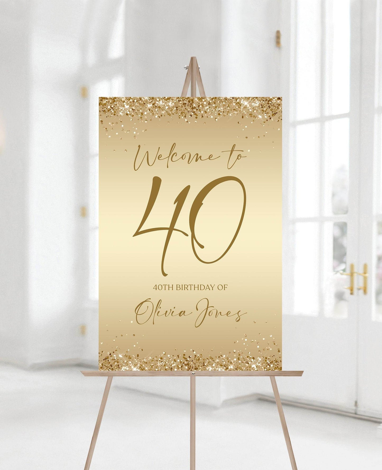 Printable Gold 40th Birthday Party Welcome Sign, Editable Modern Gold Birthday Welcome Poster, Gold Foil Effect Sign, Instant Download Template