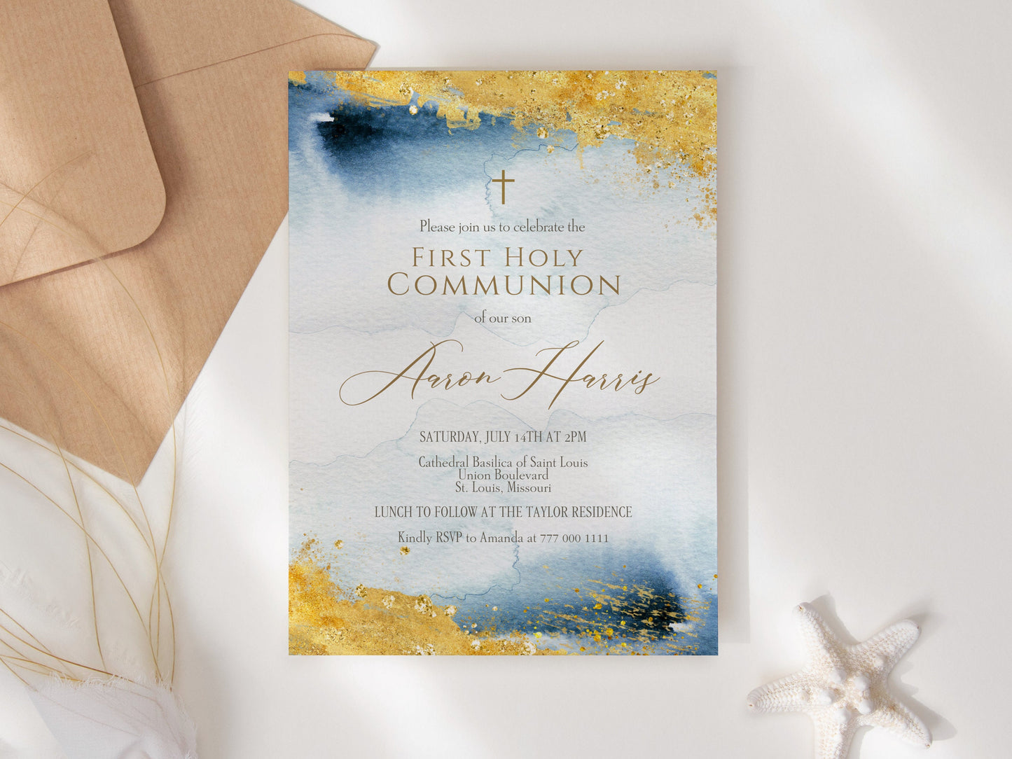 Blue Gold Watercolor First Communion Invitation Template, Printable Boy First Holy Communion Invite, Editable Baptism Invitation Template