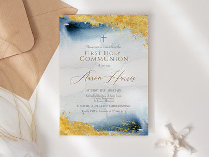 Blue Gold Watercolor First Communion Invitation Template, Printable Boy First Holy Communion Invite, Editable Baptism Invitation Template