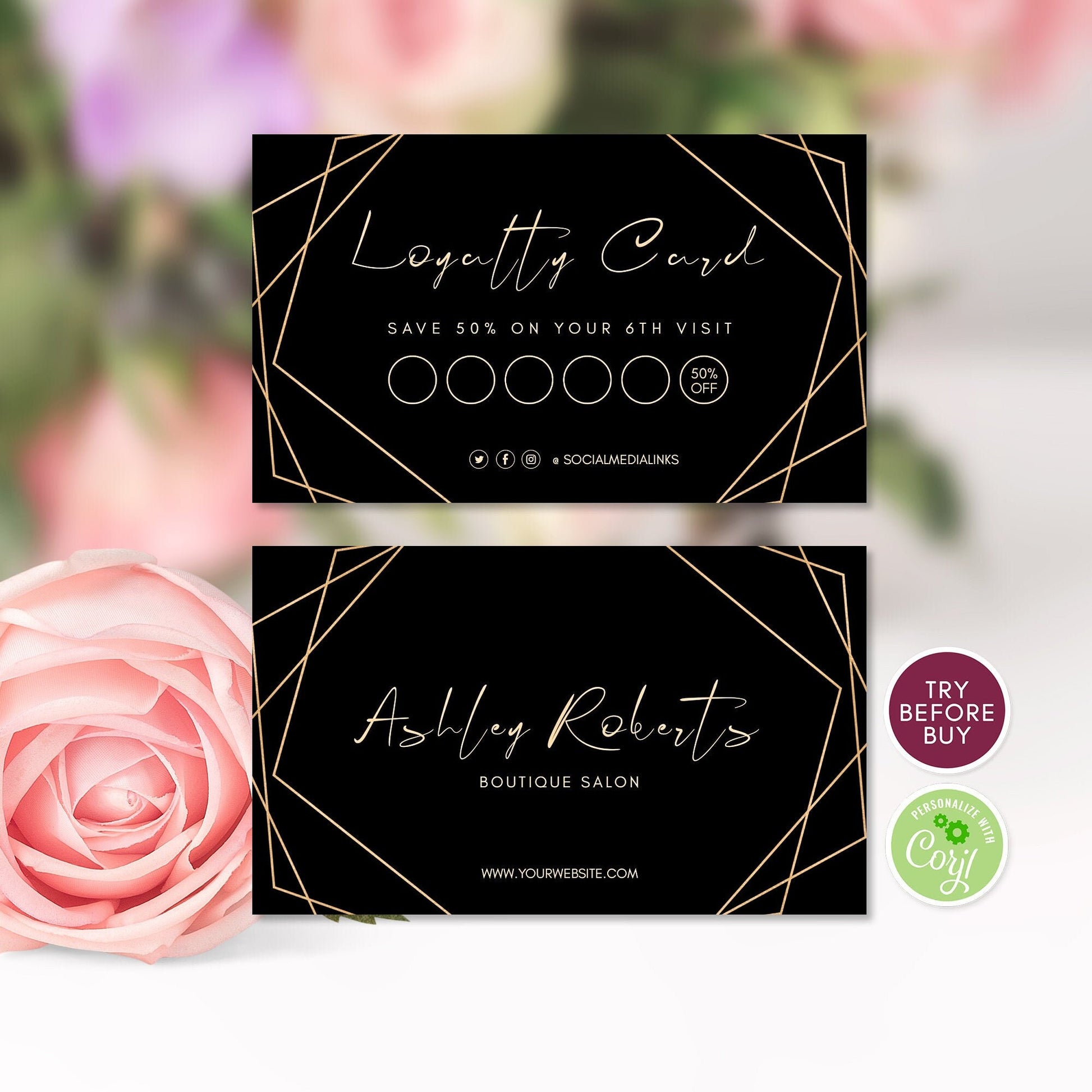 Luxury Loyalty Card, Editable Modern Black & Gold Geometric Card, Business, Instant Download, Customer Loyalty Card, Reward Card Template