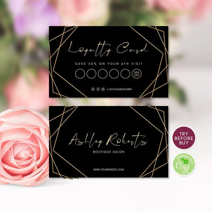 Luxury Loyalty Card, Editable Modern Black & Gold Geometric Card, Business, Instant Download, Customer Loyalty Card, Reward Card Template