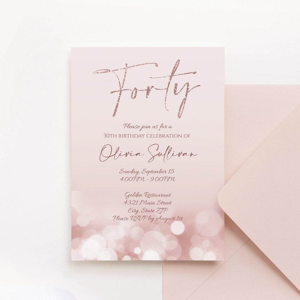 Printable Rose Gold Glitter 40th Birthday Invitation Template, Editable Hello Forty Invite, 5x7 Modern Digital Download, Text Message Evite