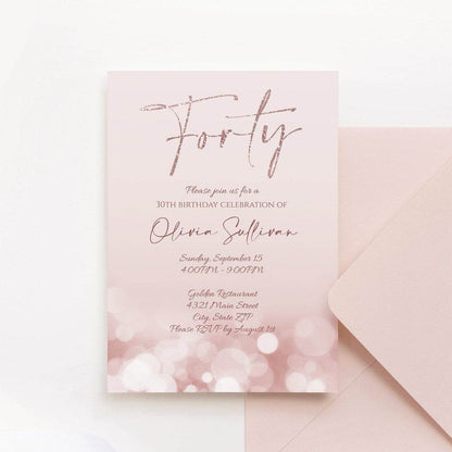 Printable Rose Gold Glitter 40th Birthday Invitation Template, Editable Hello Forty Invite, 5x7 Modern Digital Download, Text Message Evite