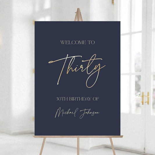 Printable Navy Blue 30th Birthday Welcome Sign Template, Editable Gold Foil Thirty Welcome Poster, Modern Birthday Sign Decoration, Instant Download