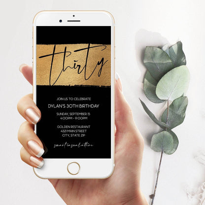 Modern Black Gold Foil 30th Birthday Invitation Template, Editable Men’s Invite, Digital Text Message Evite, Instant Download