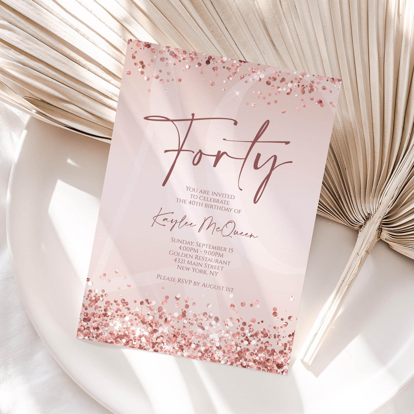 Rose Gold 40th Birthday Invitation Template, Editable Any Age Birthday Evite, Printable Pink Invite for Women, Text Message Download