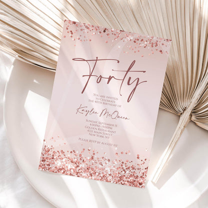 Rose Gold 40th Birthday Invitation Template, Editable Any Age Birthday Evite, Printable Pink Invite for Women, Text Message Download
