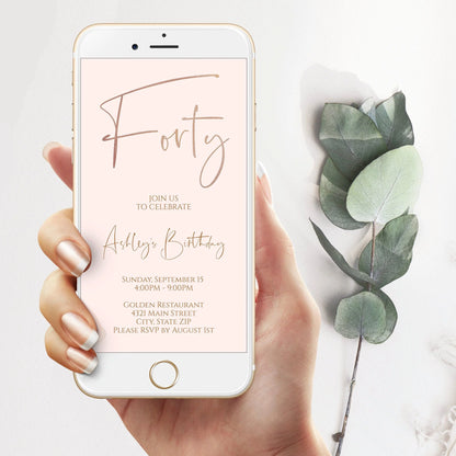 Electronic 40th Birthday Invite, Rose Gold Foil Forty Beige Phone Party Invitation iphone, Instant Download, Mobile Invite, Phone Evite