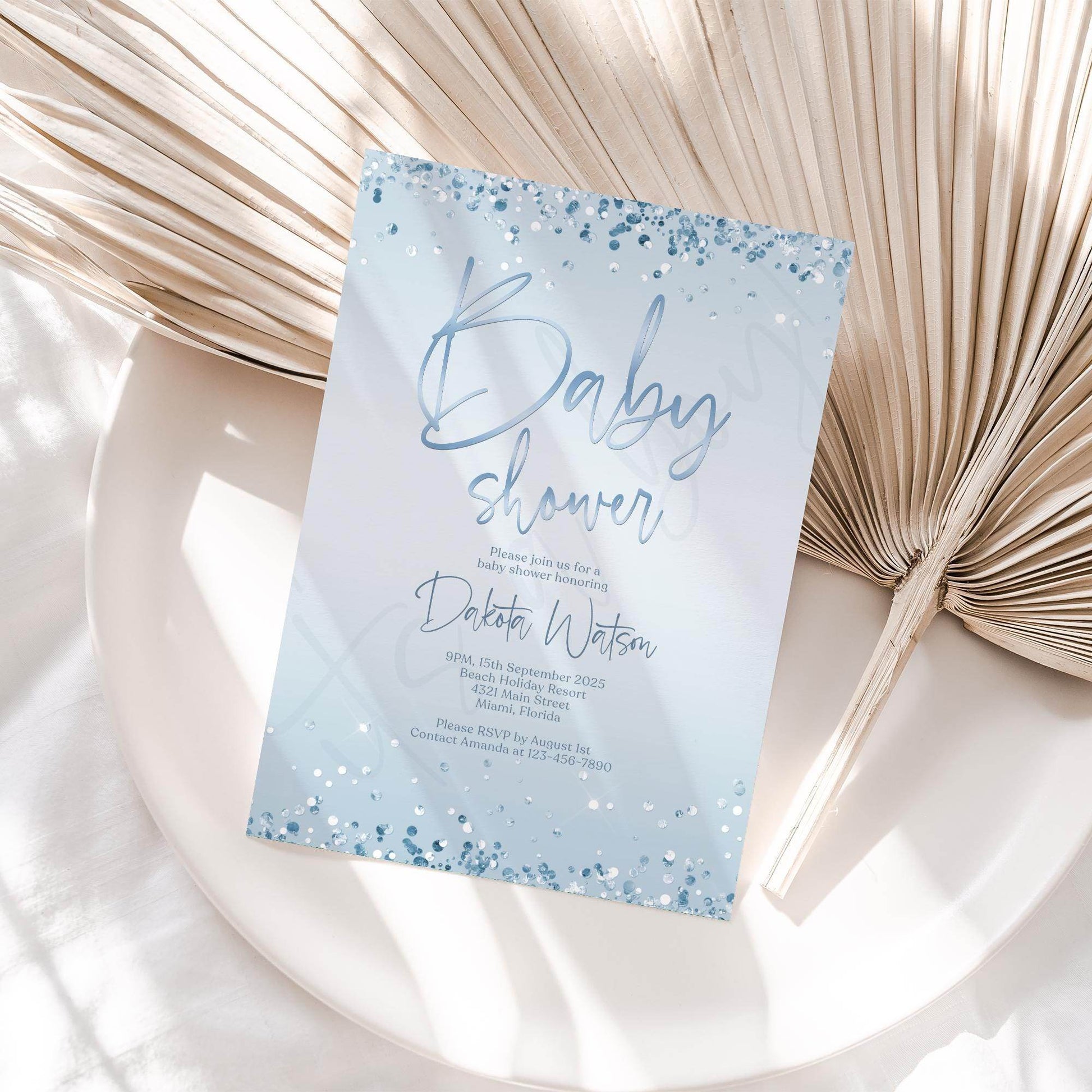 Boy Baby Shower Invitation Template | Editable Blue & Silver Confetti Invite | Digital Baby Shower Evite | Printable Instant Download