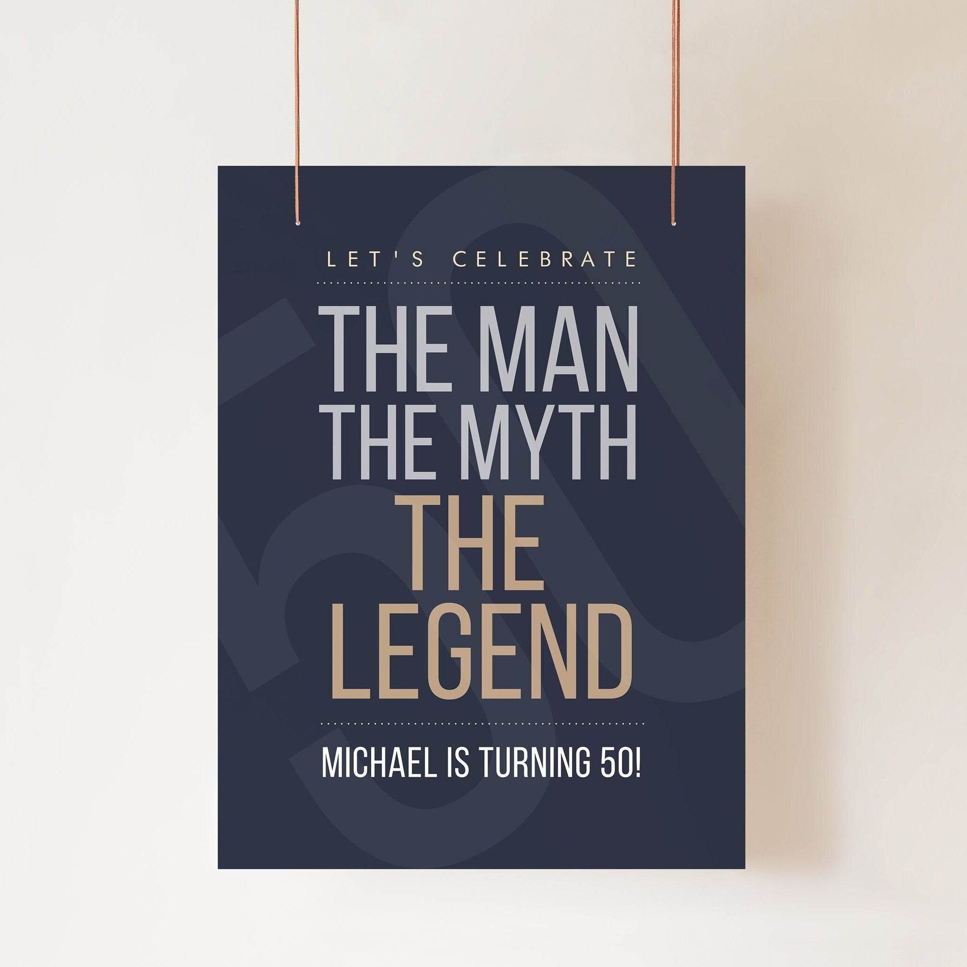 Printable 50th Birthday Welcome Sign Template – Navy Blue & Gold “The Man. The Myth. The Legend.” Party Decor | Editable Fifty Birthday Poster | Instant Download