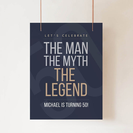 Printable 50th Birthday Welcome Sign Template – Navy Blue & Gold “The Man. The Myth. The Legend.” Party Decor | Editable Fifty Birthday Poster | Instant Download