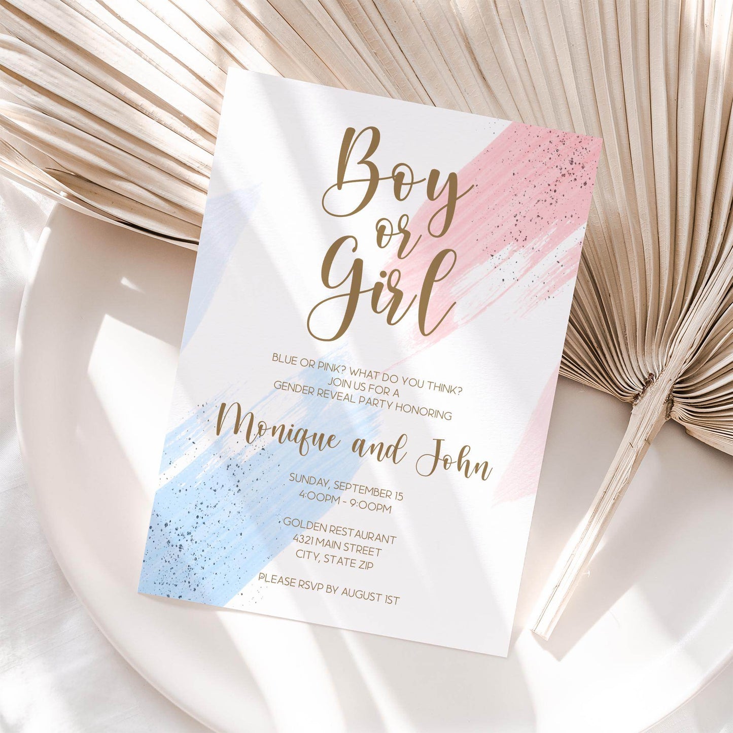 Boy or Girl Gender Reveal Invitation Template, Printable Pink and Blue Baby Shower Invite, He or She Editable Digital Invitation, Instant Download