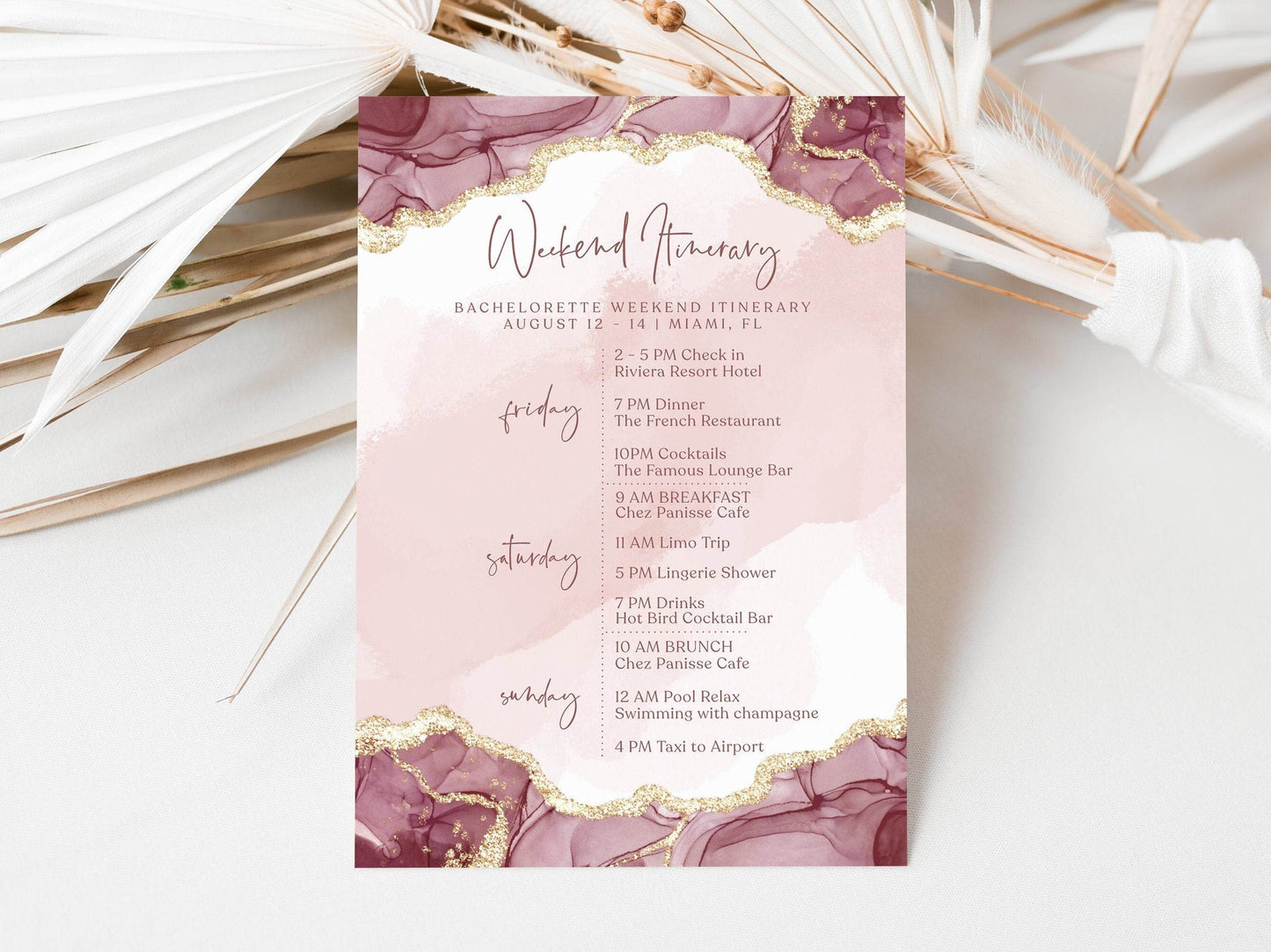 Bachelorette Weekend Itinerary Template | Editable Shades of Pink Hens Party Schedule | Birthday or Girls Trip Planner | Instant Download